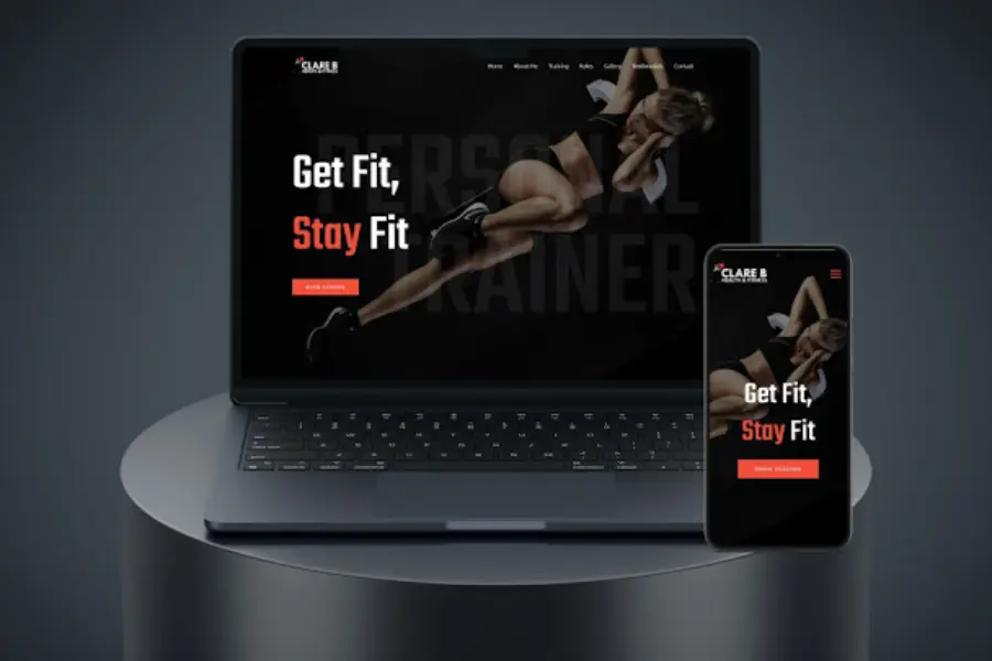 double mockup of the clare b health and fitness website on a desktop computer and mobile device