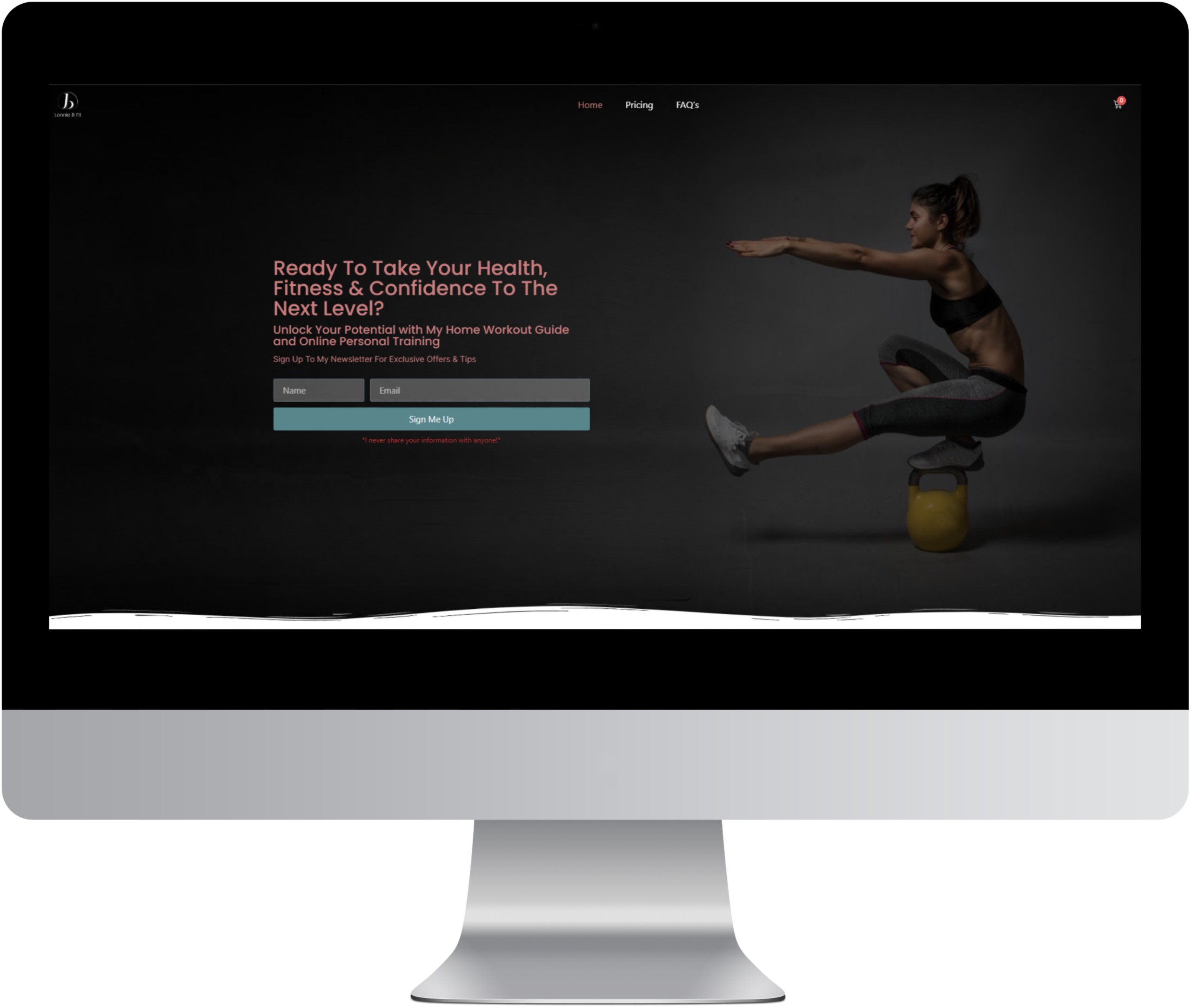 mockup of the lonnie b fit website on a desktop computer