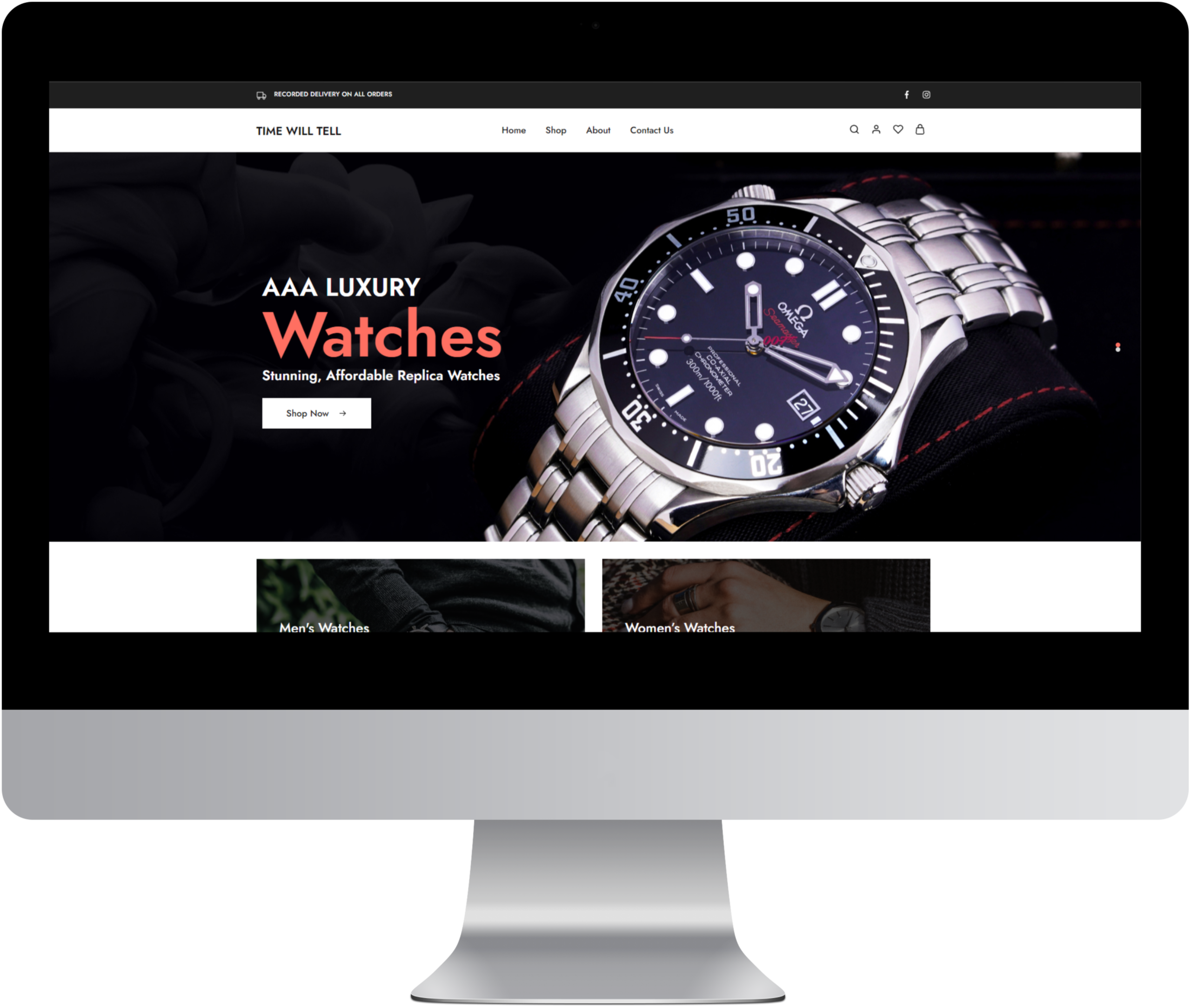 mockup of the time will tell ecommerce website on a desktop computer